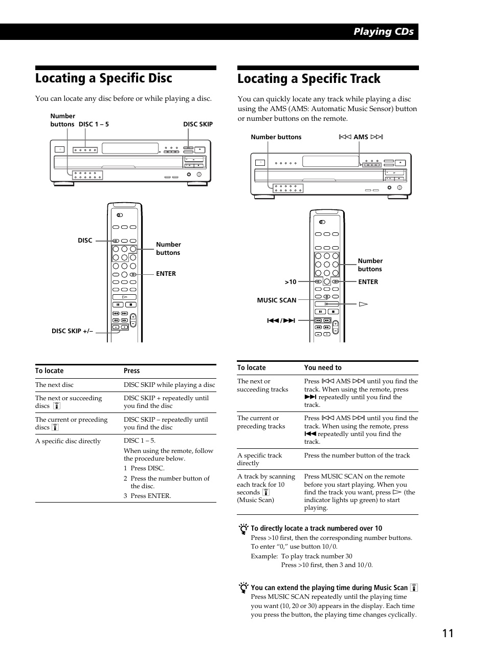 Locating a specific disc, Locating a specific track, Playing cds | Sony CDP-CA80ES User Manual | Page 11 / 24