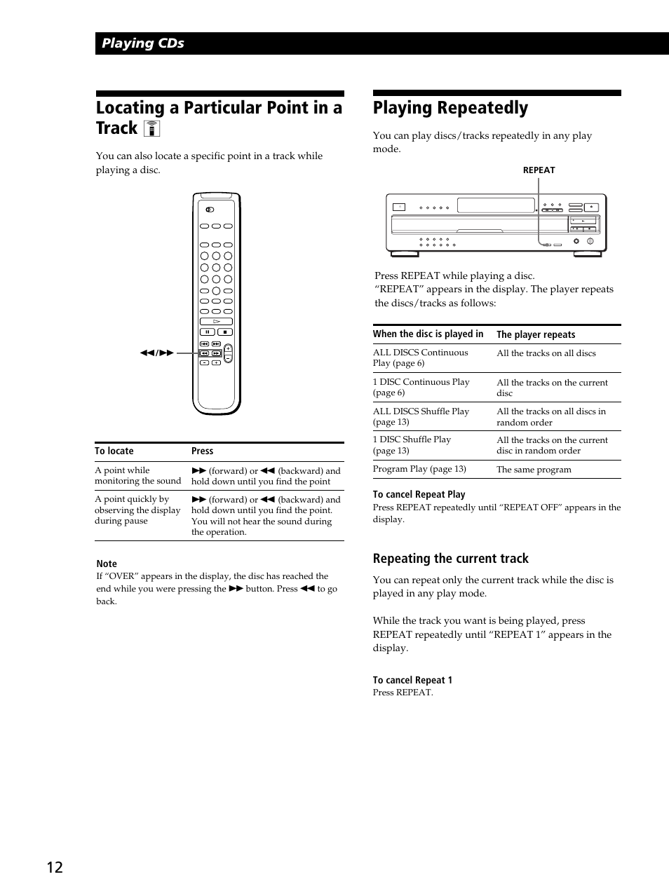 Locating a particular point in a track, Playing repeatedly, Playing cds | Repeating the current track | Sony CDP-CA80ES User Manual | Page 12 / 24
