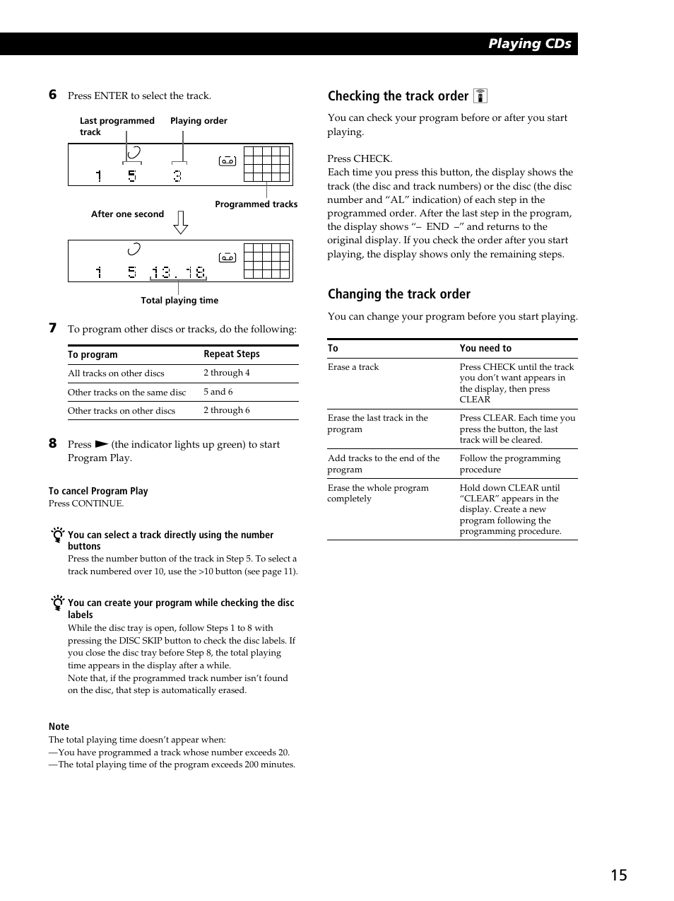 Playing cds, Checking the track order z, Changing the track order | Sony CDP-CA80ES User Manual | Page 15 / 24