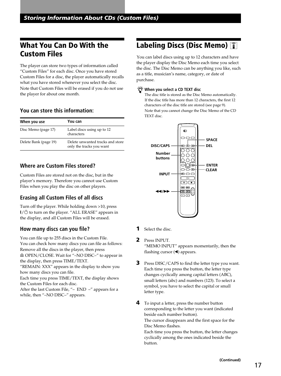 What you can do with the custom files, Playing cds recording from cds, You can store this information | Where are custom files stored, Erasing all custom files of all discs, How many discs can you file, Storing information about cds (custom files) | Sony CDP-CA80ES User Manual | Page 17 / 24