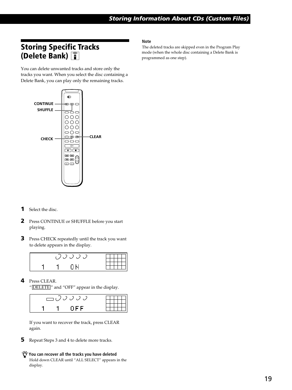 Storing specific tracks (delete bank) z, Playing cds recording from cds, Storing information about cds (custom files) | Sony CDP-CA80ES User Manual | Page 19 / 24