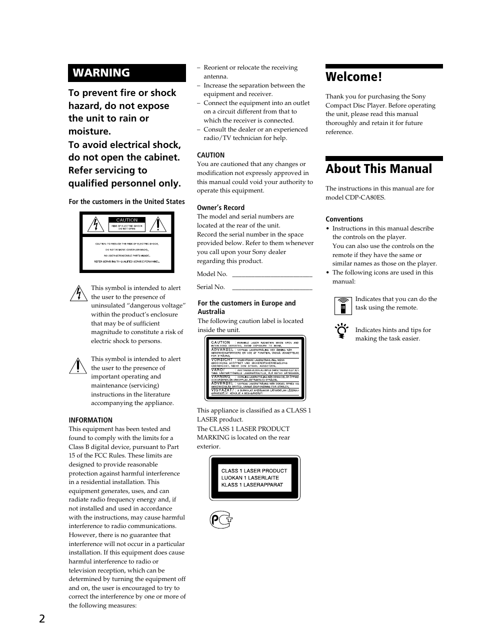 Welcome, About this manual, 2warning | Sony CDP-CA80ES User Manual | Page 2 / 24