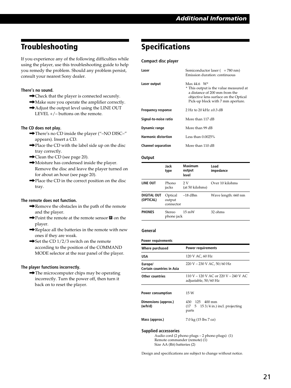 Specifications, Troubleshooting, Additional information | Sony CDP-CA80ES User Manual | Page 21 / 24