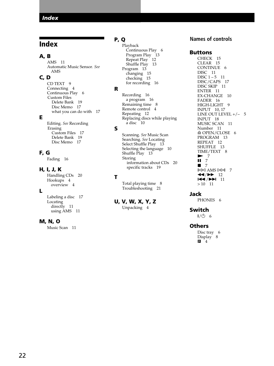 Index, A, b, C, d | F, g, H, i, j, k, M, n, o, P, q, U, v, w, x, y, z, Names of controls buttons, Jack | Sony CDP-CA80ES User Manual | Page 22 / 24