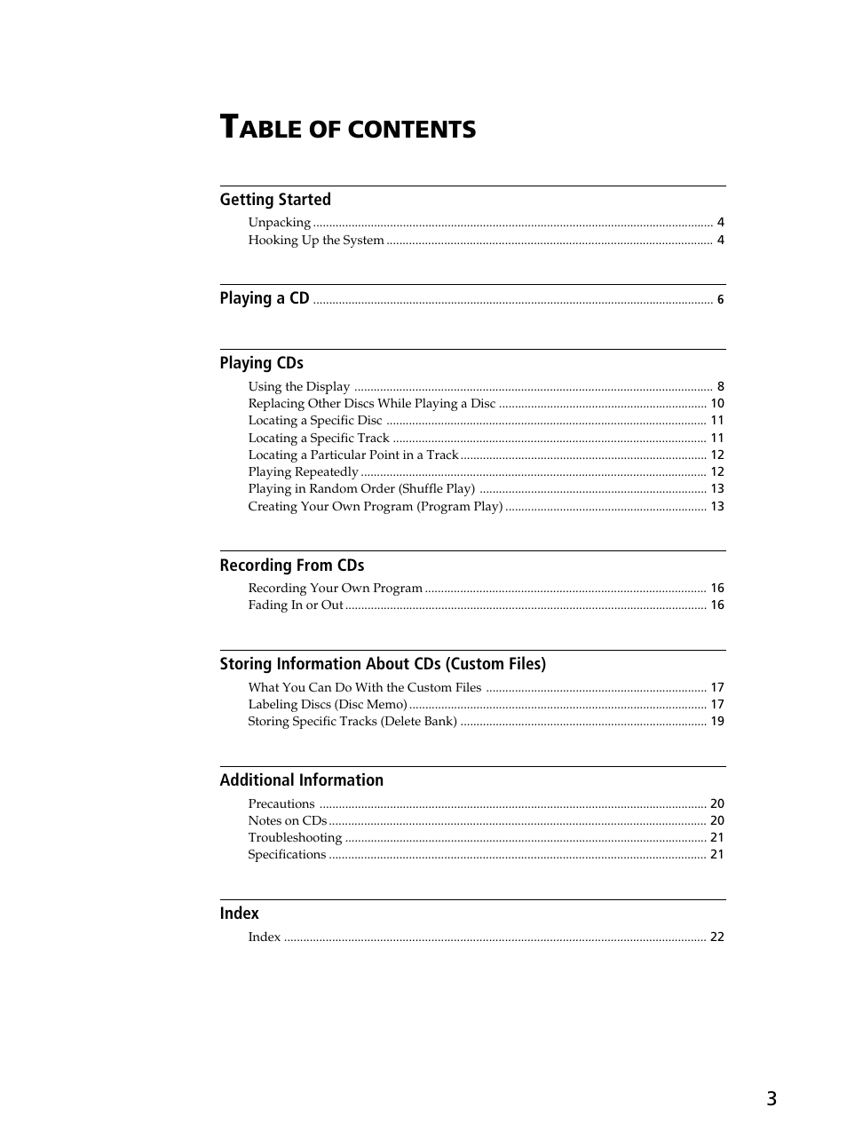 Able of contents | Sony CDP-CA80ES User Manual | Page 3 / 24