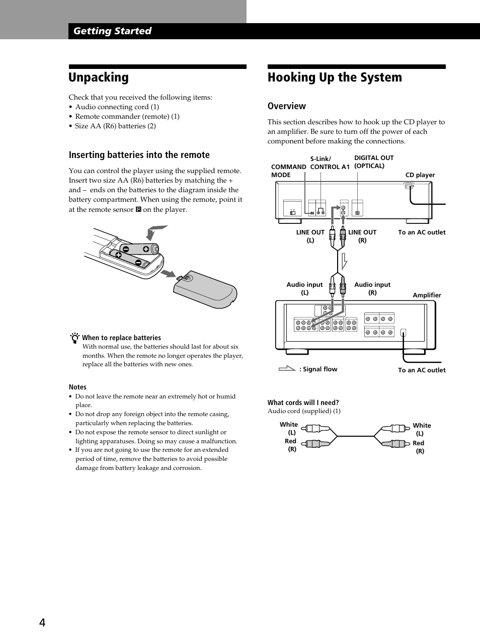 Unpacking, Hooking up the system, Getting started | Inserting batteries into the remote, Overview | Sony CDP-CA80ES User Manual | Page 4 / 24