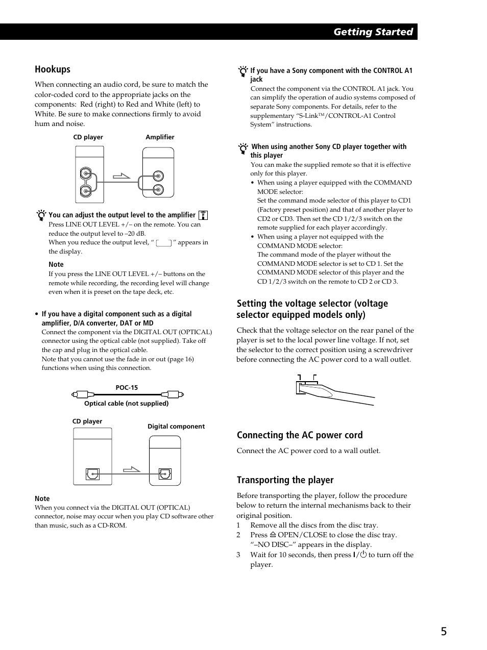 Getting started, Hookups, Connecting the ac power cord | Transporting the player | Sony CDP-CA80ES User Manual | Page 5 / 24