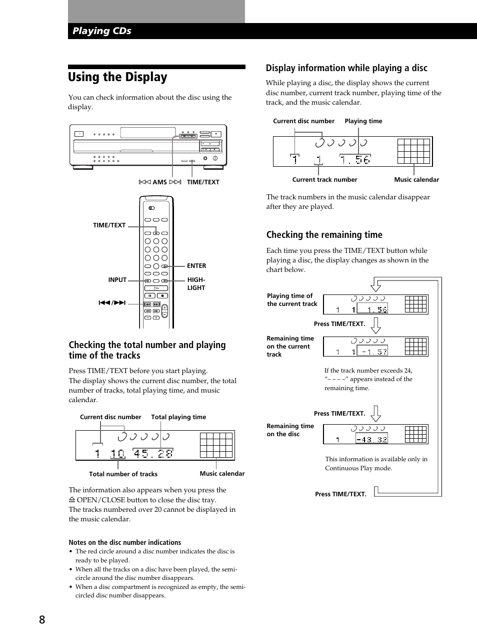 Using the display, Playing cds, Display information while playing a disc | Checking the remaining time, Time/text, Time/text input = / + high- light enter | Sony CDP-CA80ES User Manual | Page 8 / 24