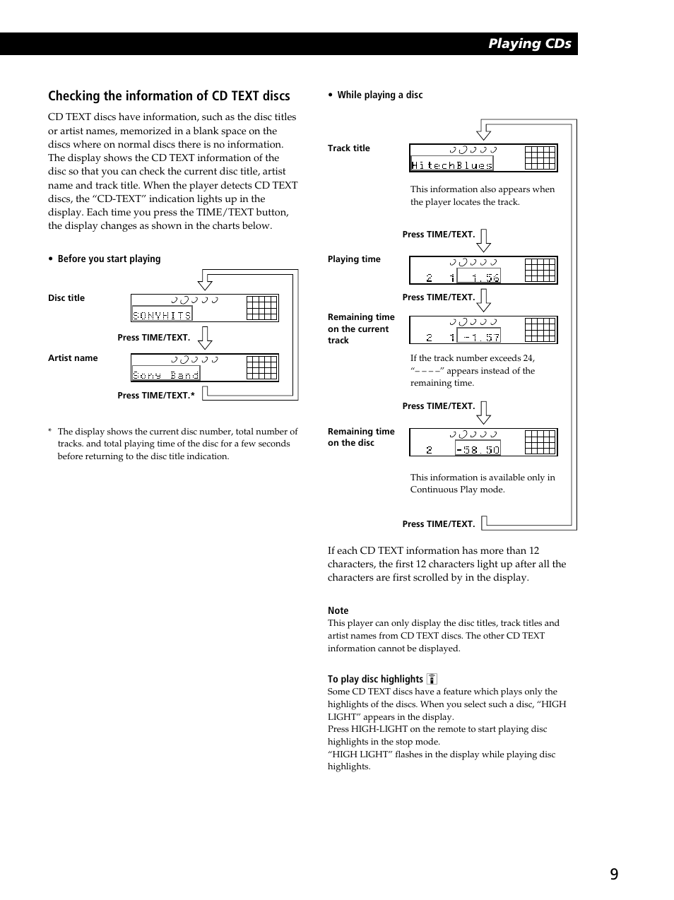 Playing cds, Checking the information of cd text discs | Sony CDP-CA80ES User Manual | Page 9 / 24