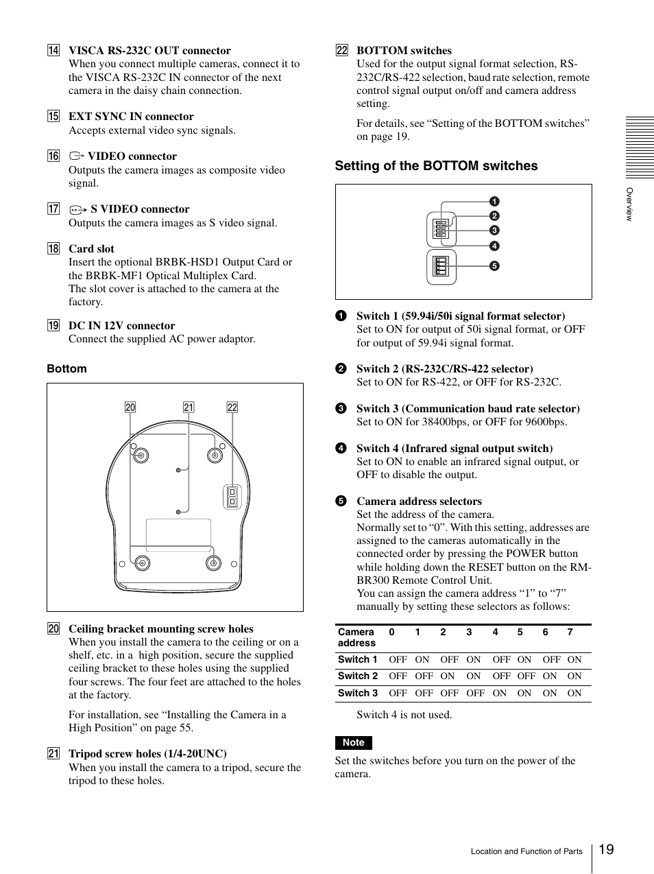 Setting of the bottom switches | Sony BRC-Z700 User Manual | Page 19 / 91