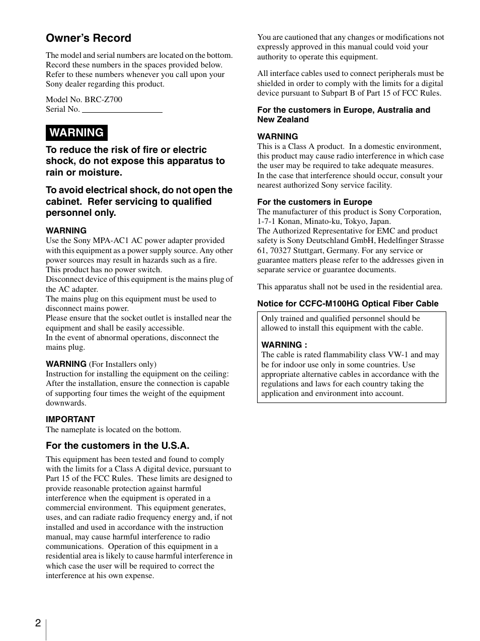 Owner’s record, Warning | Sony BRC-Z700 User Manual | Page 2 / 91