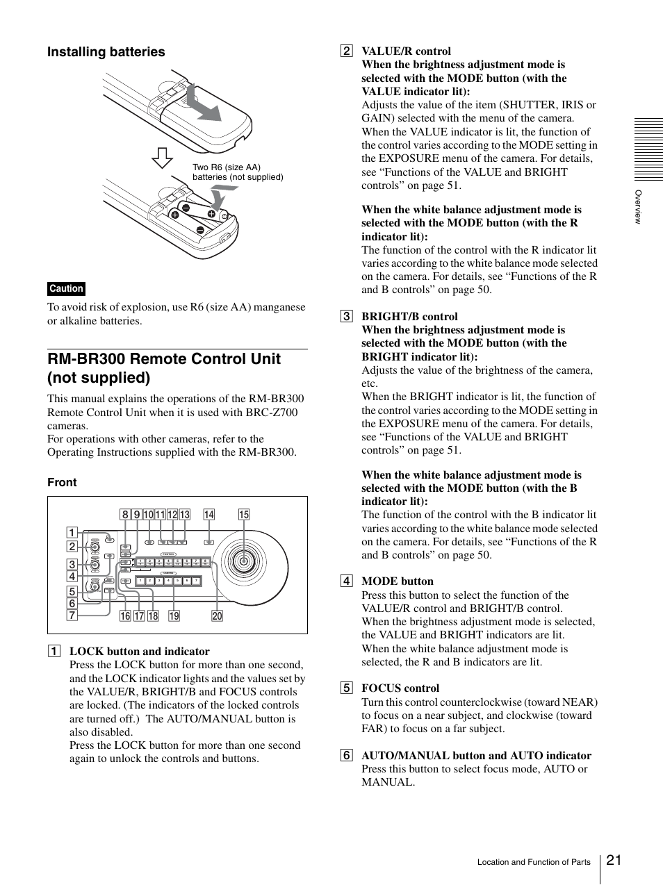 Rm-br300 remote control unit (not supplied), Rm-br300 remote control unit (not, Supplied) | Installing batteries, Caution, Two r6 (size aa) batteries (not supplied) | Sony BRC-Z700 User Manual | Page 21 / 91