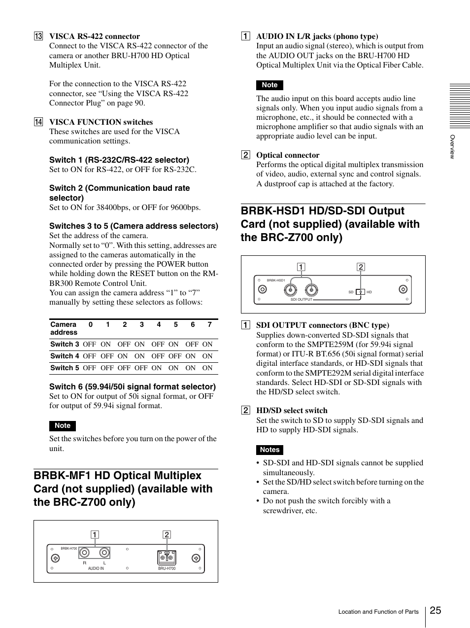 Brbk-mf1 hd optical multiplex card (not, Supplied) (available with the brc-z700 only), Brbk-hsd1 hd/sd-sdi output card (not | Sony BRC-Z700 User Manual | Page 25 / 91