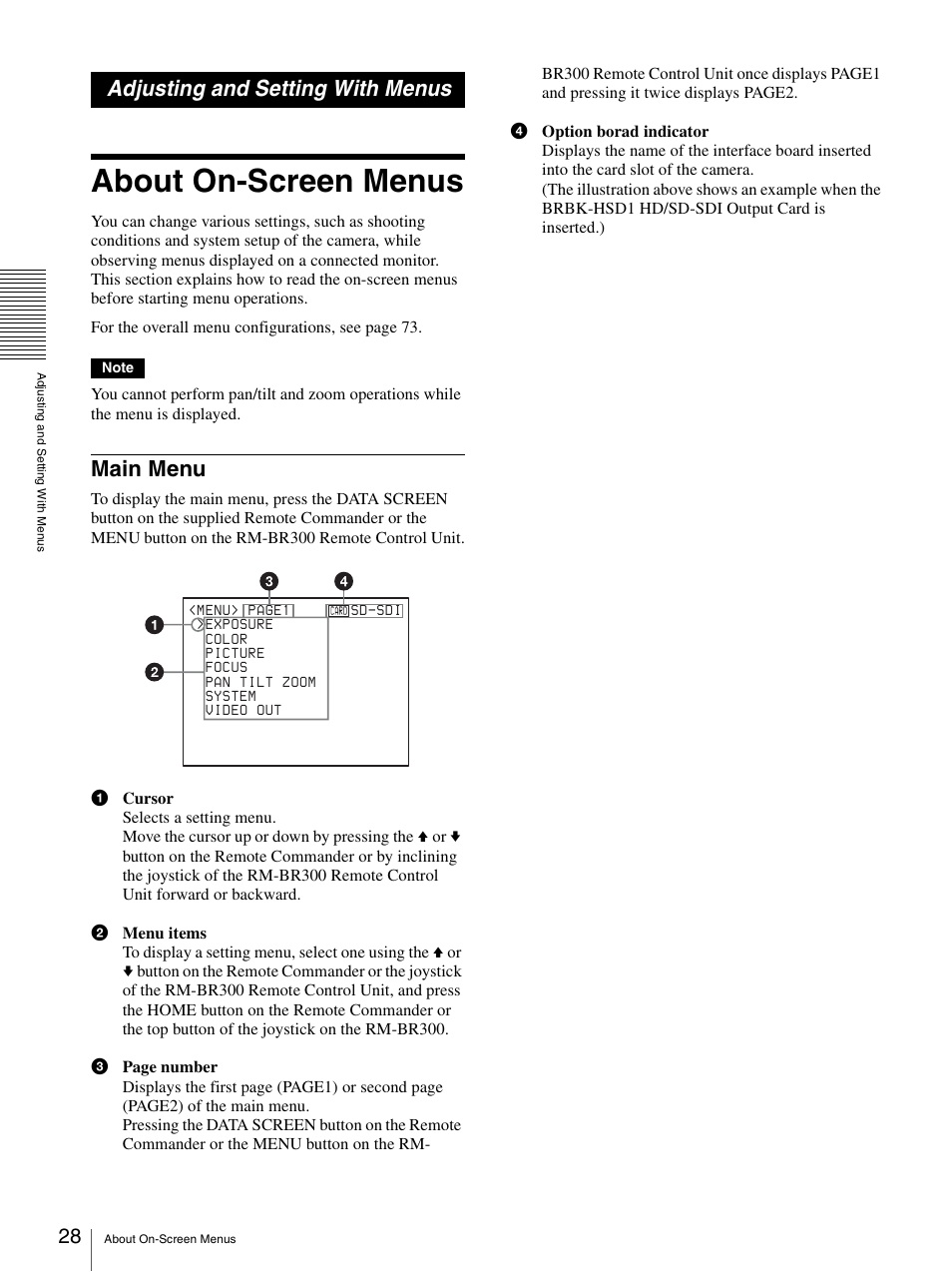 Adjusting and setting with menus, About on-screen menus, Main menu | Sony BRC-Z700 User Manual | Page 28 / 91