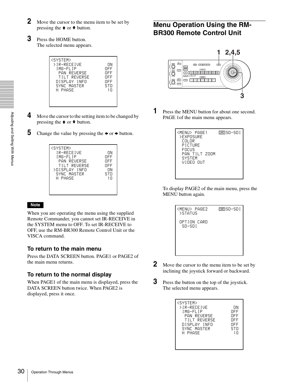 Menu operation using the rm-br300 remote, Control unit, Press the home button. the selected menu appears | Change the value by pressing the b or b button | Sony BRC-Z700 User Manual | Page 30 / 91