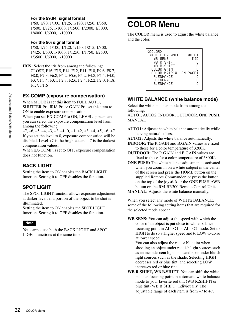 Color menu, Ex-comp (exposure compensation), Back light | Spot light, White balance (white balance mode) | Sony BRC-Z700 User Manual | Page 32 / 91