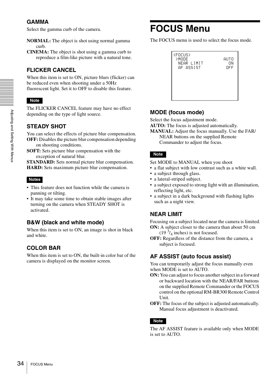 Focus menu, Gamma, Flicker cancel | Steady shot, B&w (black and white mode), Color bar, Mode (focus mode), Near limit, Af assist (auto focus assist) | Sony BRC-Z700 User Manual | Page 34 / 91