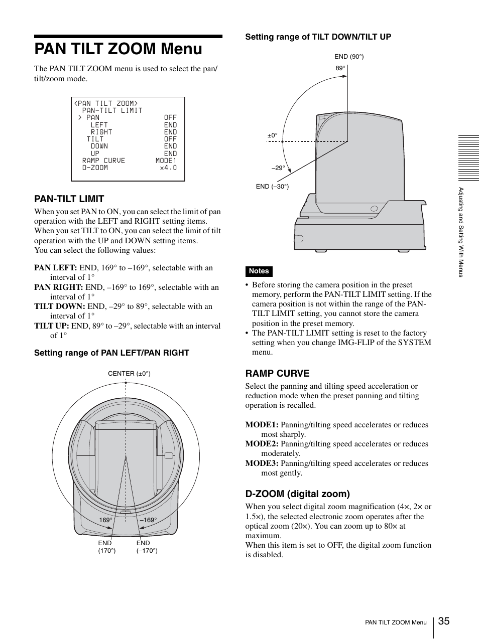 Pan tilt zoom menu, Pan-tilt limit, Ramp curve | D-zoom (digital zoom) | Sony BRC-Z700 User Manual | Page 35 / 91