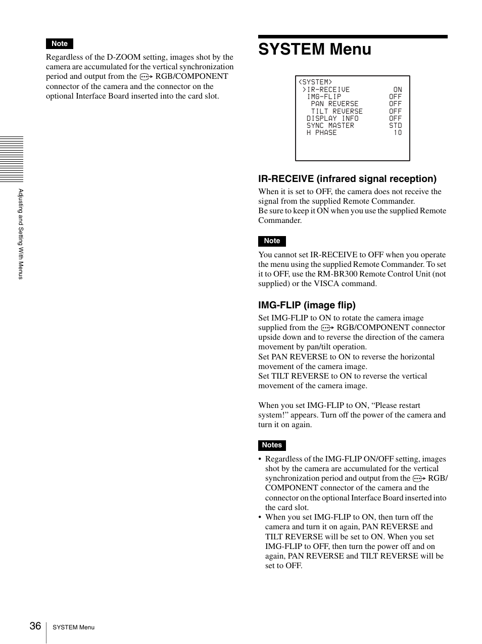 System menu, Ir-receive (infrared signal reception), Img-flip (image flip) | Sony BRC-Z700 User Manual | Page 36 / 91