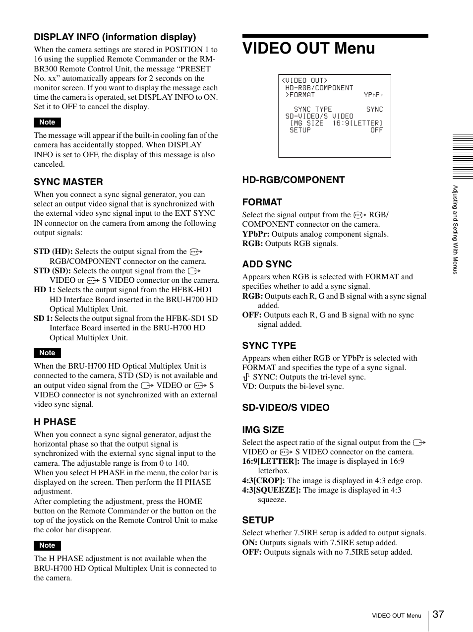 Video out menu, Display info (information display), Sync master | H phase, Hd-rgb/component format, Add sync, Sync type, Sd-video/s video img size, Setup | Sony BRC-Z700 User Manual | Page 37 / 91