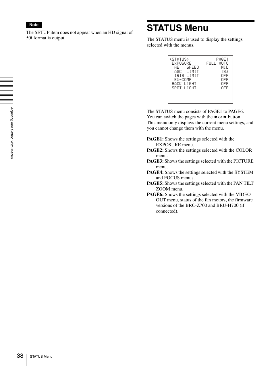 Status menu | Sony BRC-Z700 User Manual | Page 38 / 91