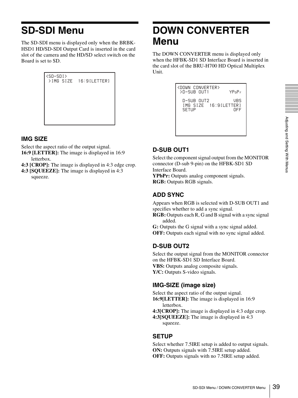 Sd-sdi menu, Down converter menu, Img size | D-sub out1, Add sync, D-sub out2, Img-size (image size), Setup | Sony BRC-Z700 User Manual | Page 39 / 91