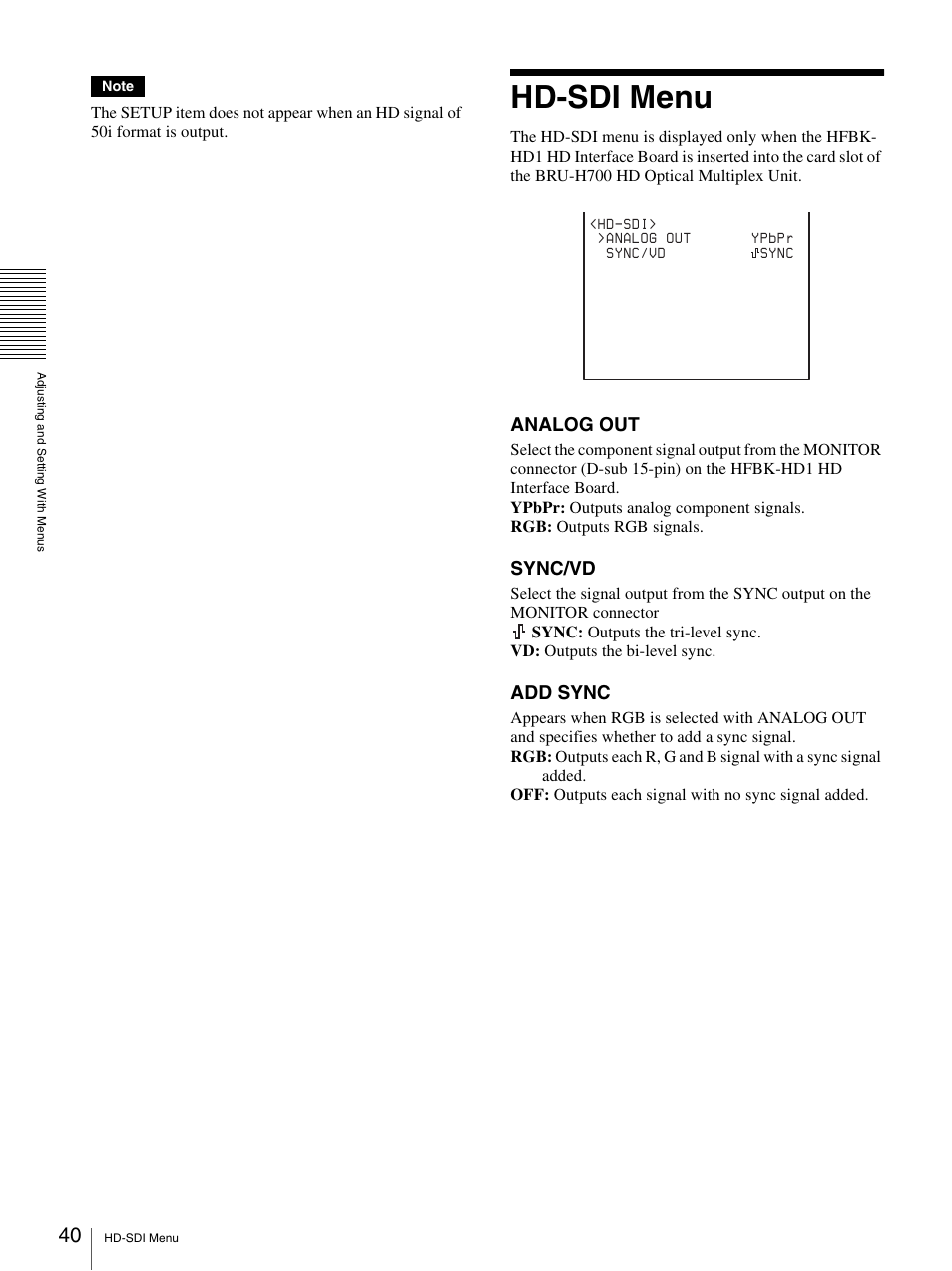 Hd-sdi menu, Analog out, Sync/vd | Add sync | Sony BRC-Z700 User Manual | Page 40 / 91