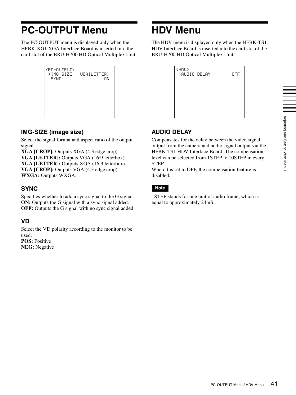 Pc-output menu, Hdv menu, Img-size (image size) | Sync, Audio delay | Sony BRC-Z700 User Manual | Page 41 / 91