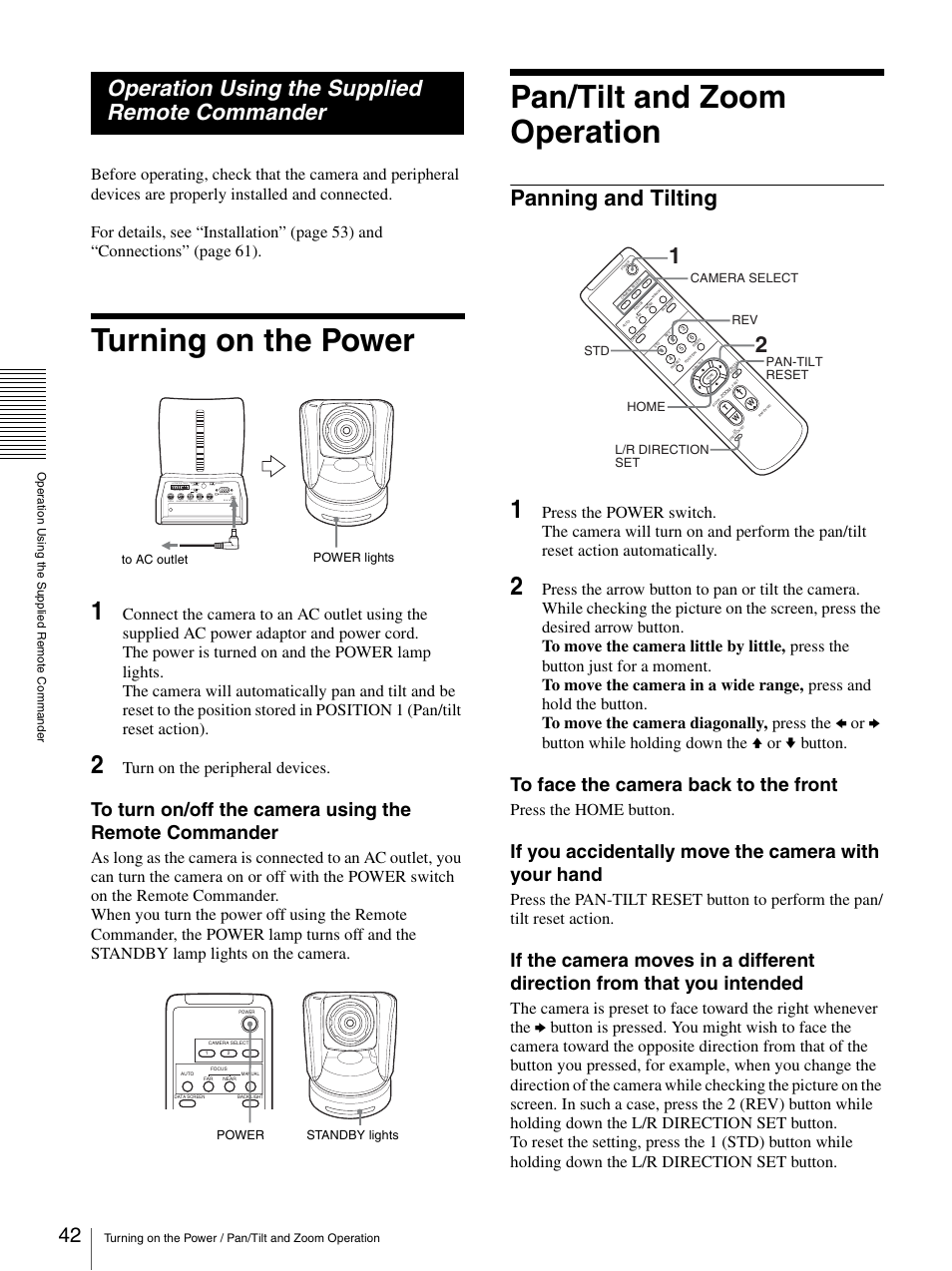 Operation using the supplied remote commander, Turning on the power, Pan/tilt and zoom operation | Panning and tilting, If you accidentally move the camera with your hand, Turn on the peripheral devices, Press the home button, Rgb/component | Sony BRC-Z700 User Manual | Page 42 / 91