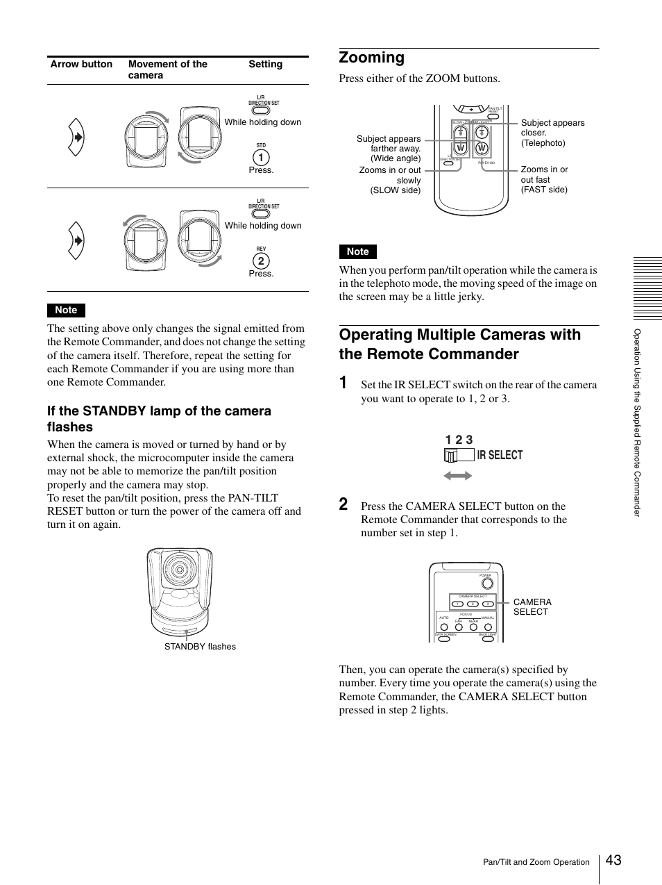Zooming, Zooming operating multiple cameras with the remote, Commander | If the standby lamp of the camera flashes, Ir select 1 2 3, Press either of the zoom buttons | Sony BRC-Z700 User Manual | Page 43 / 91