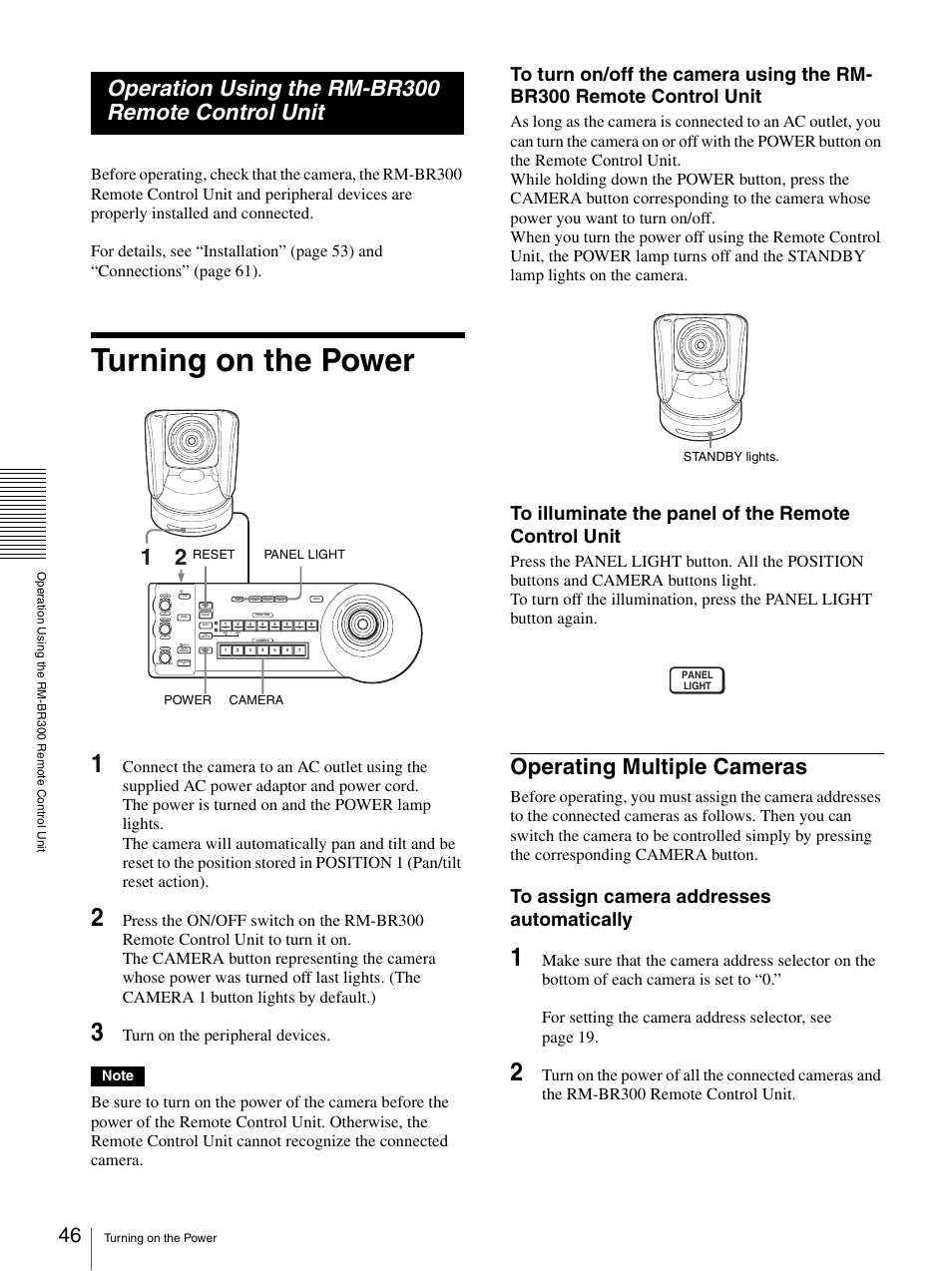 Operation using the rm-br300 remote control unit, Turning on the power, Operating multiple cameras | Turn on the peripheral devices, Panel light power camera reset standby lights | Sony BRC-Z700 User Manual | Page 46 / 91