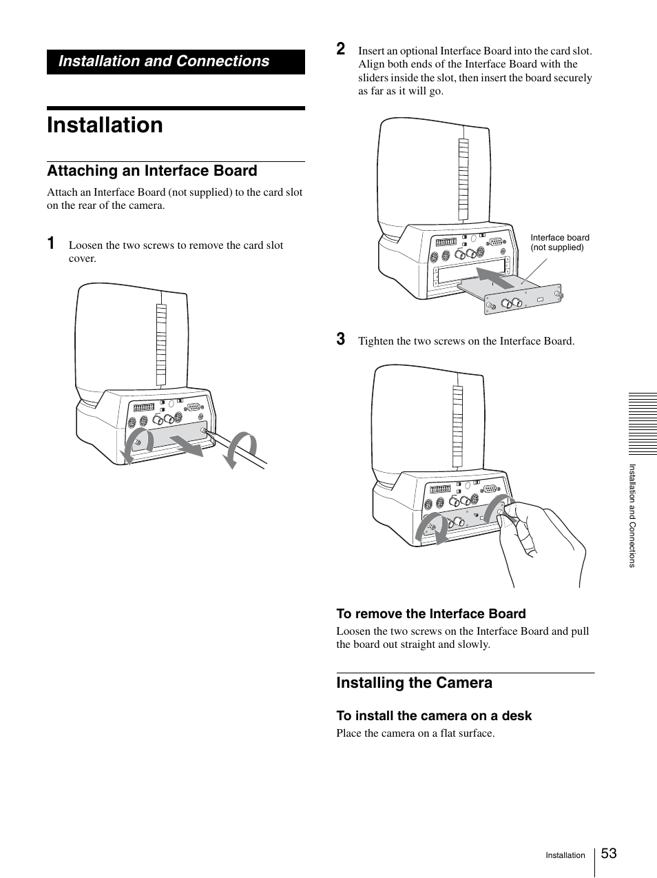 Installation and connections, Installation, Attaching an interface board | Installing the camera, Attaching an interface board installing the camera | Sony BRC-Z700 User Manual | Page 53 / 91