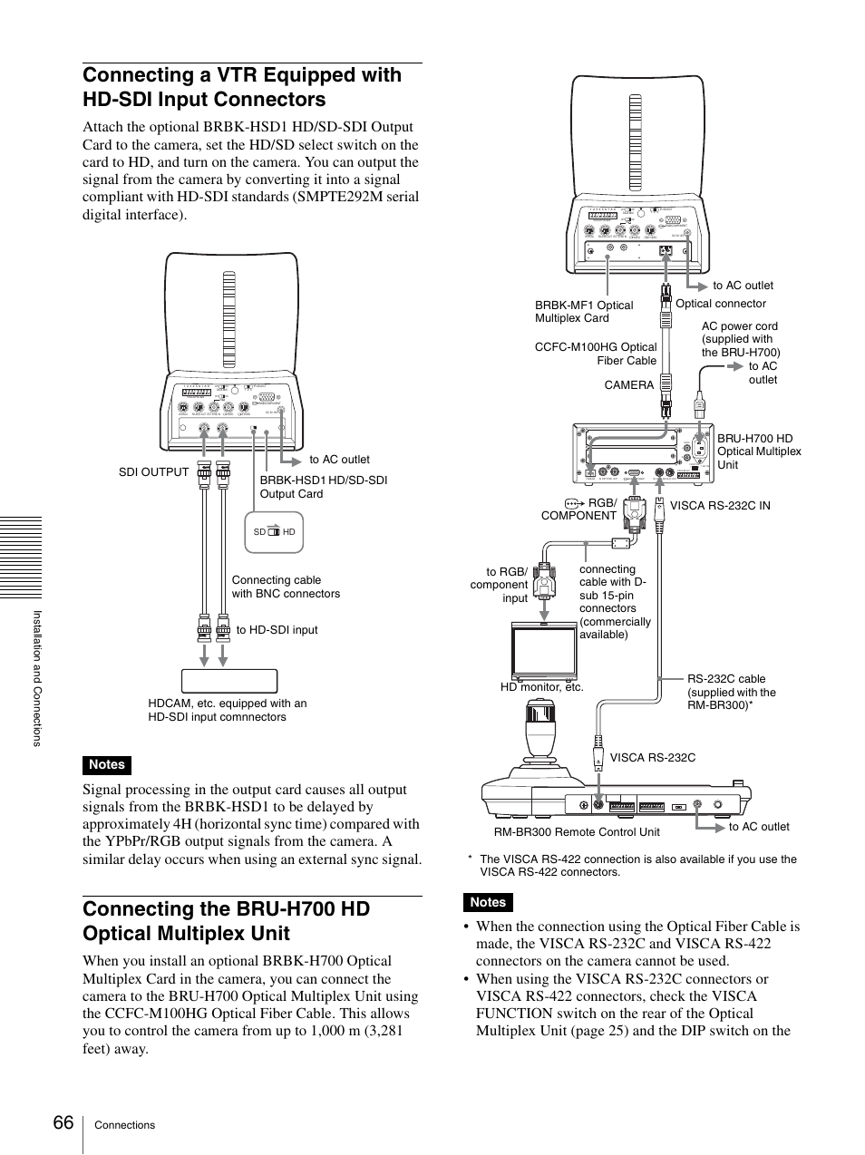 Connecting the bru-h700 hd optical multiplex unit, Connecting a vtr equipped with hd-sdi input, Connectors | Connecting the bru-h700 hd optical multiplex, Unit | Sony BRC-Z700 User Manual | Page 66 / 91