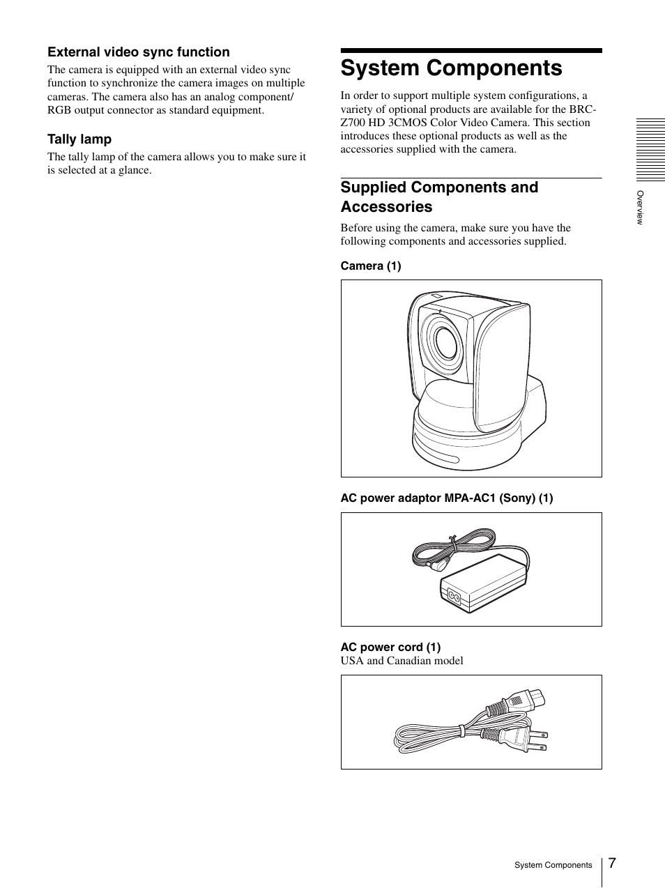 System components, Supplied components and accessories | Sony BRC-Z700 User Manual | Page 7 / 91