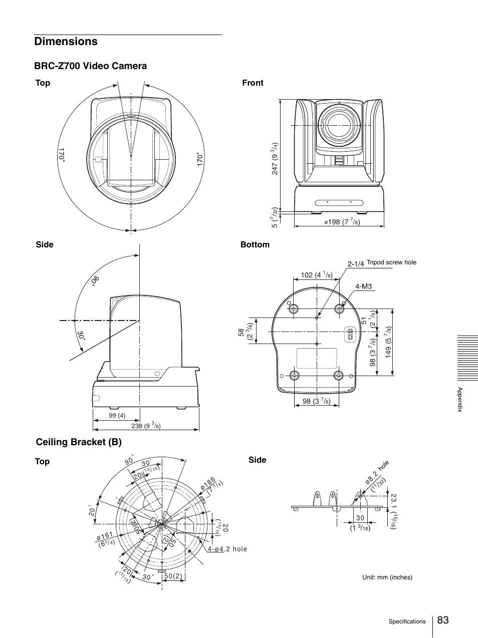 Dimensions, Brc-z700 video camera, Ceiling bracket (b) | Front bottom side top, Side top | Sony BRC-Z700 User Manual | Page 83 / 91