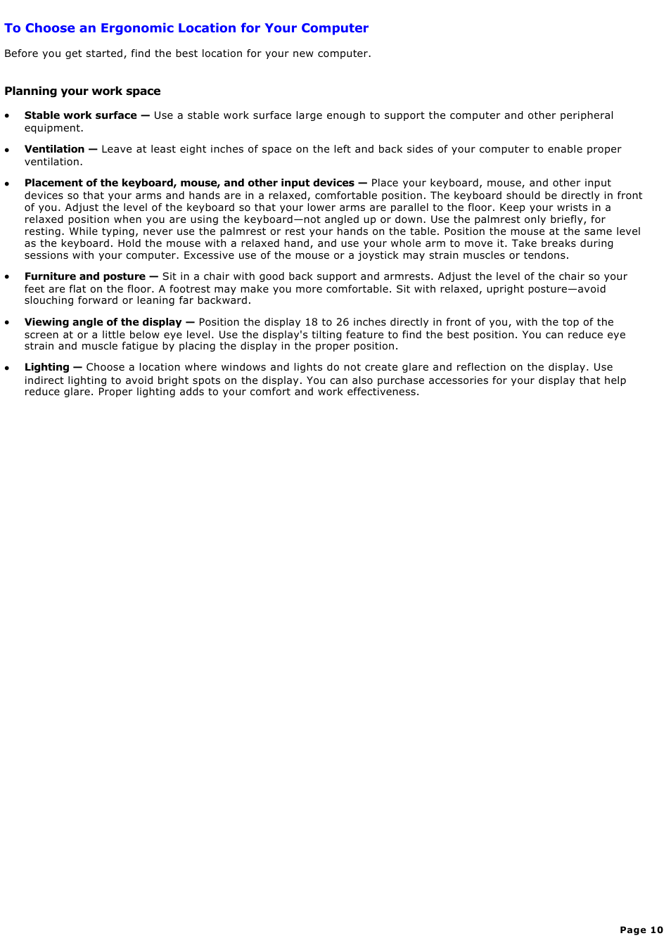 To choose an ergonomic location for your computer | Sony MX User Manual | Page 10 / 114