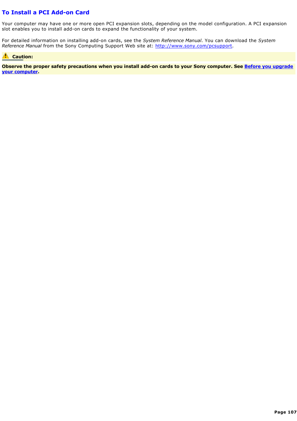 To install a pci add-on card | Sony MX User Manual | Page 107 / 114