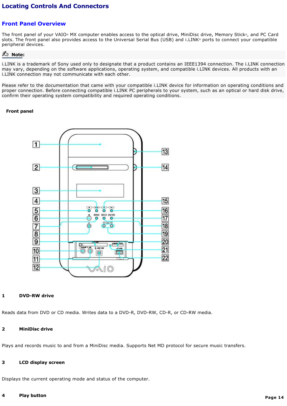 Front panel overview, Locating controls and connectors | Sony MX User Manual | Page 14 / 114