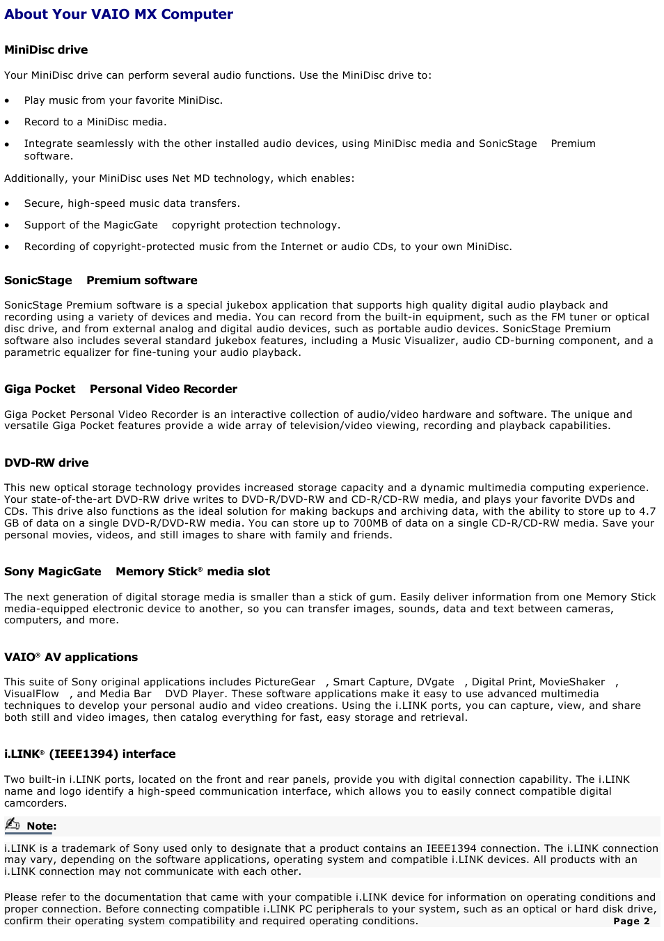 About your vaio mx computer | Sony MX User Manual | Page 2 / 114