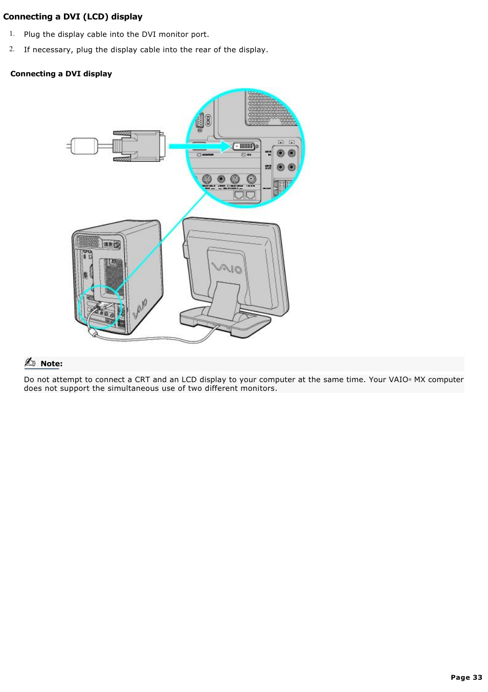 Connecting a dvi (lcd) display | Sony MX User Manual | Page 33 / 114