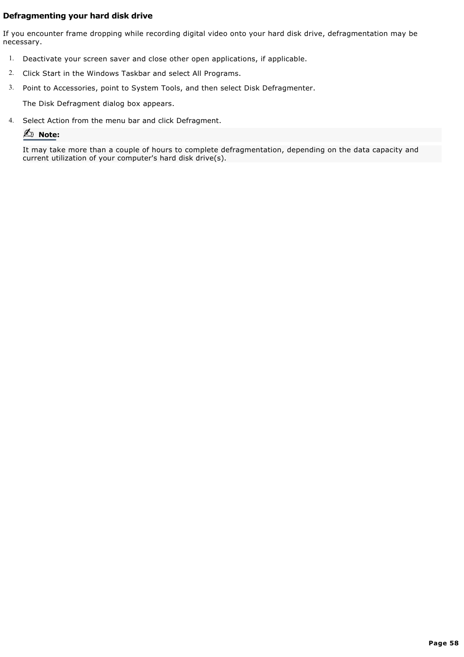 Defragmenting your hard disk drive | Sony MX User Manual | Page 58 / 114