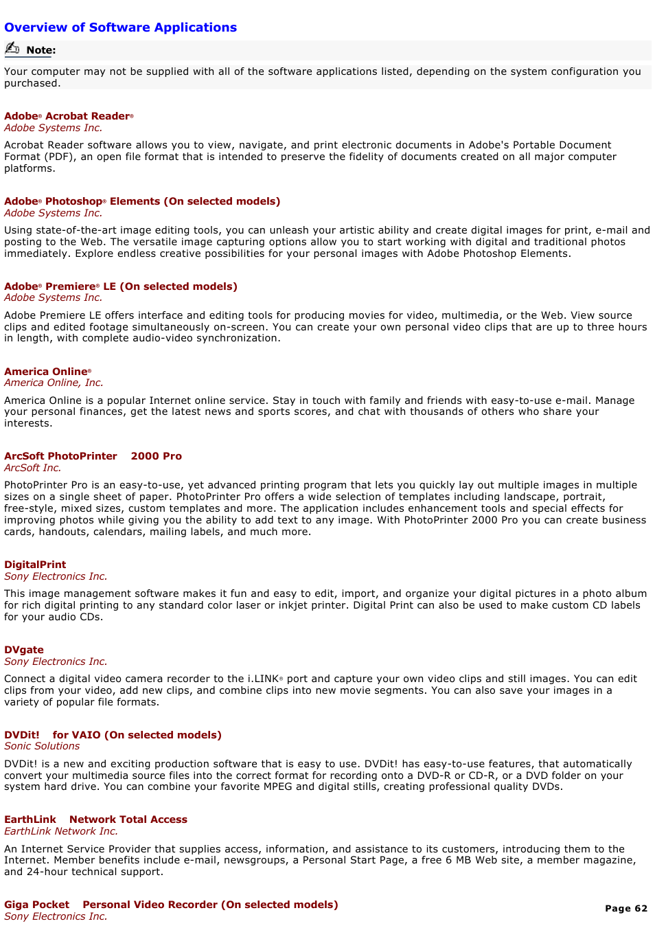 Overview of software applications | Sony MX User Manual | Page 62 / 114