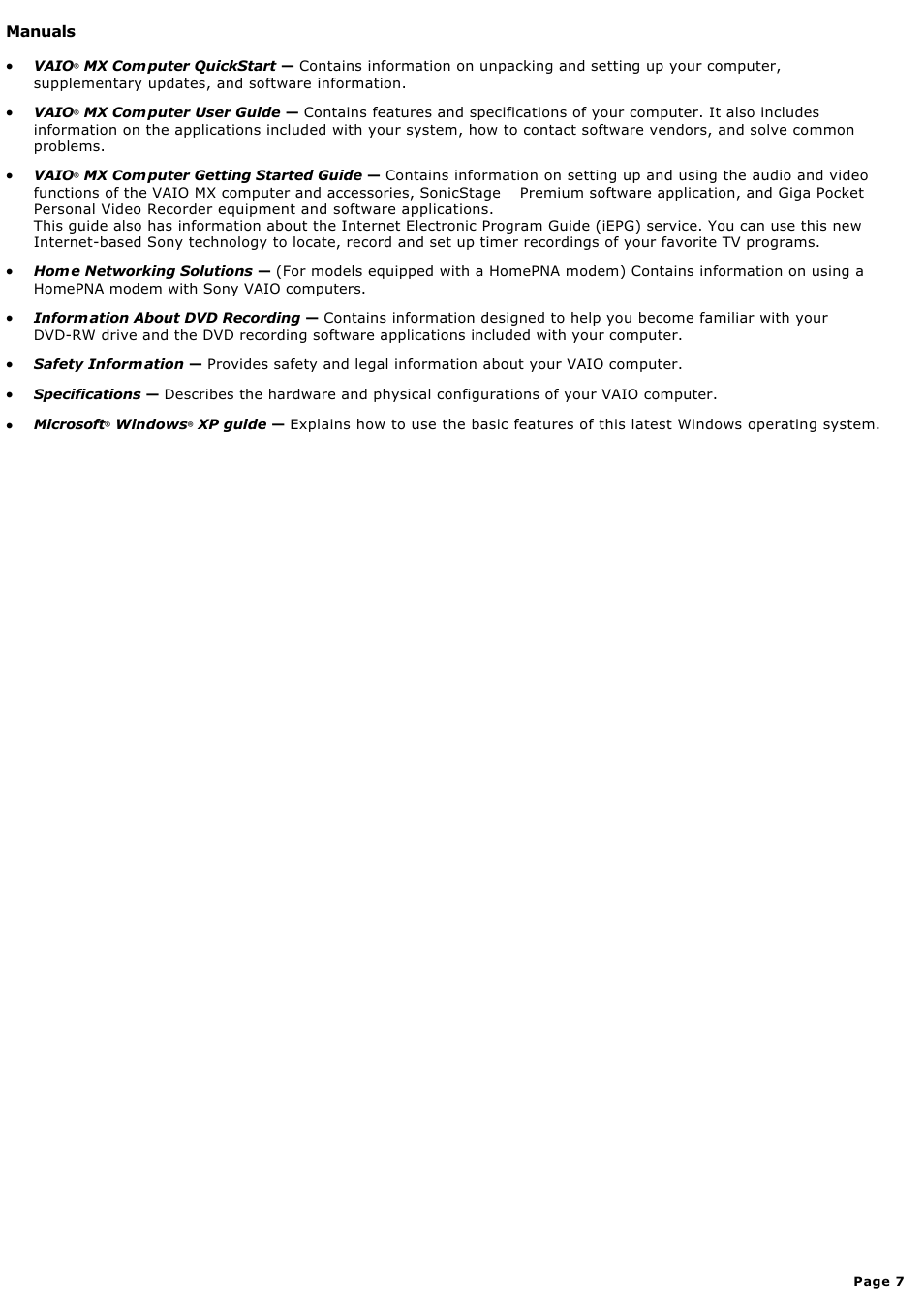 Manuals | Sony MX User Manual | Page 7 / 114