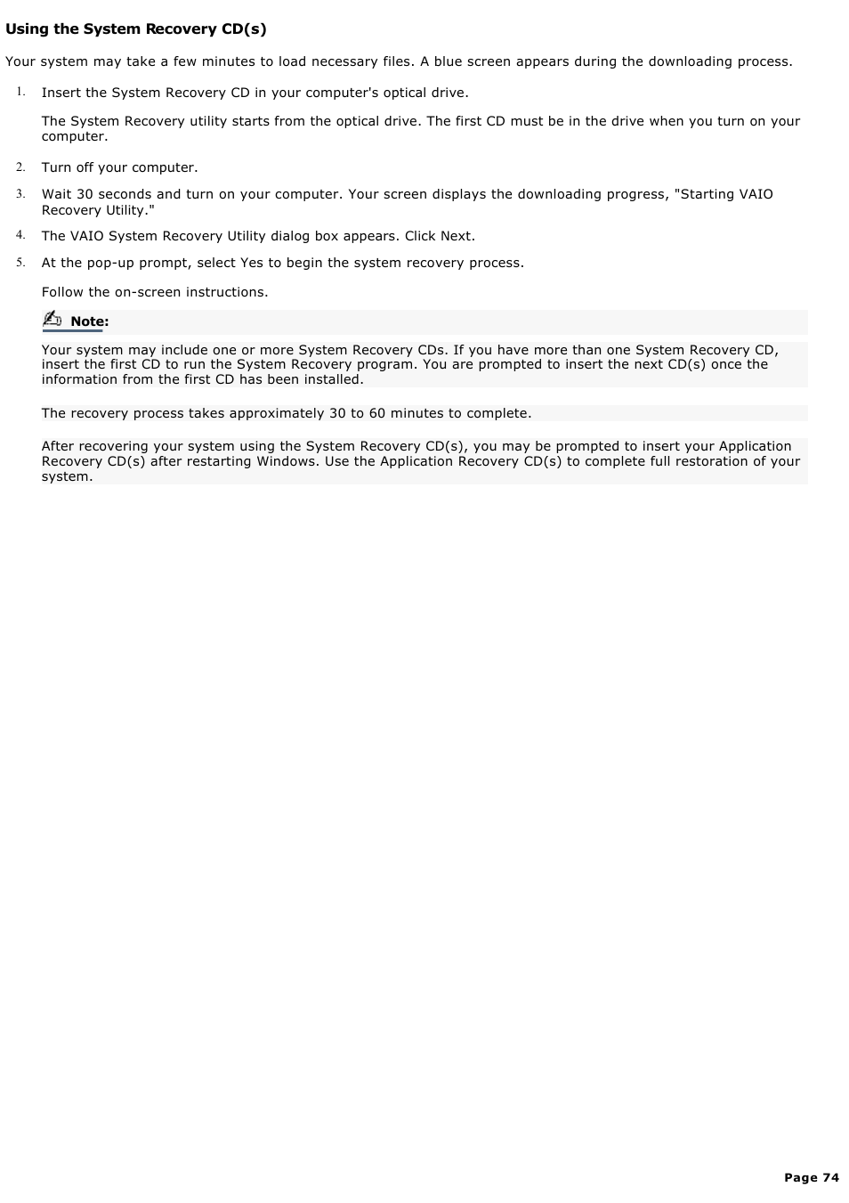 Using the system recovery cd(s) | Sony MX User Manual | Page 74 / 114