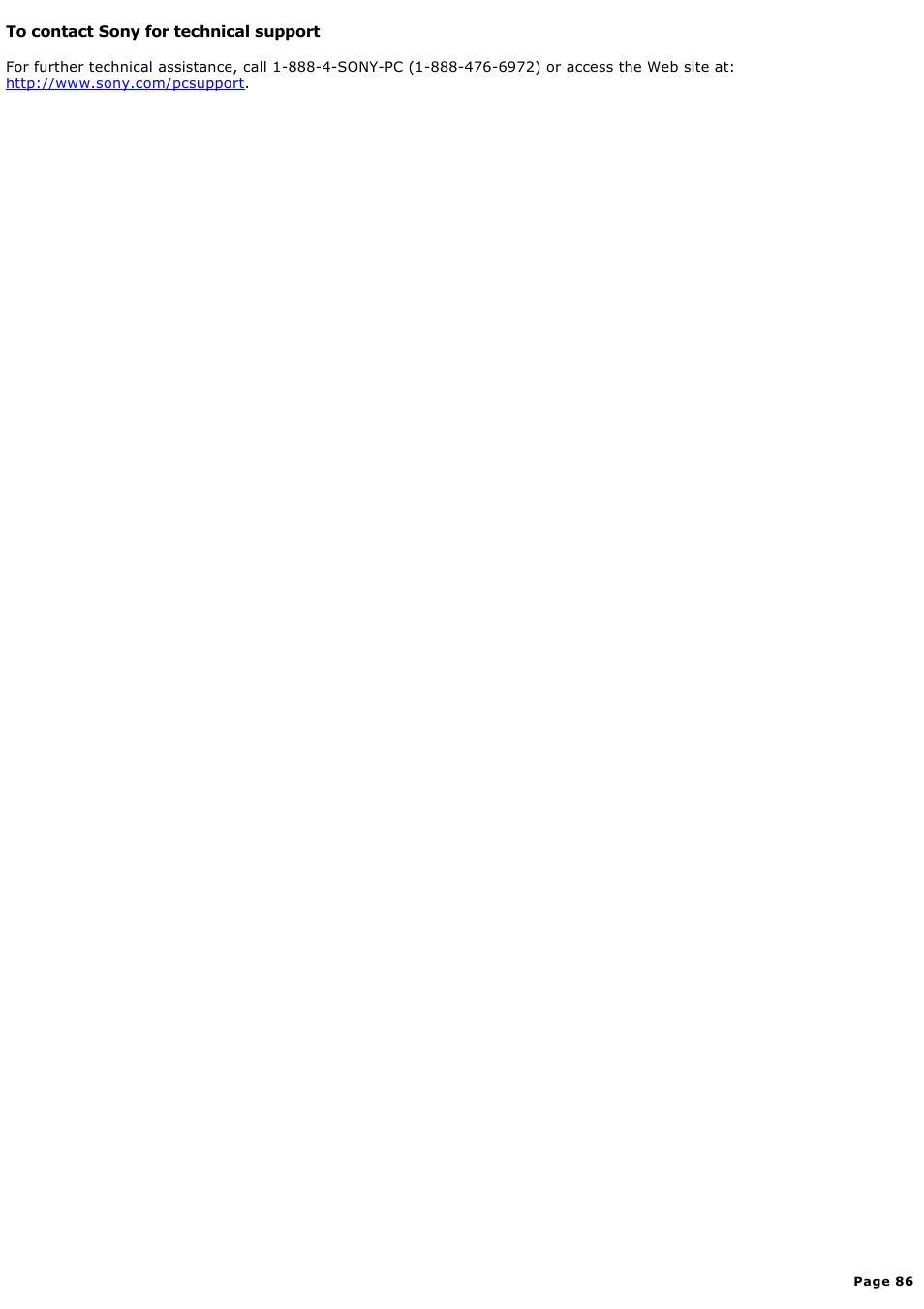 To contact sony for technical support | Sony MX User Manual | Page 86 / 114