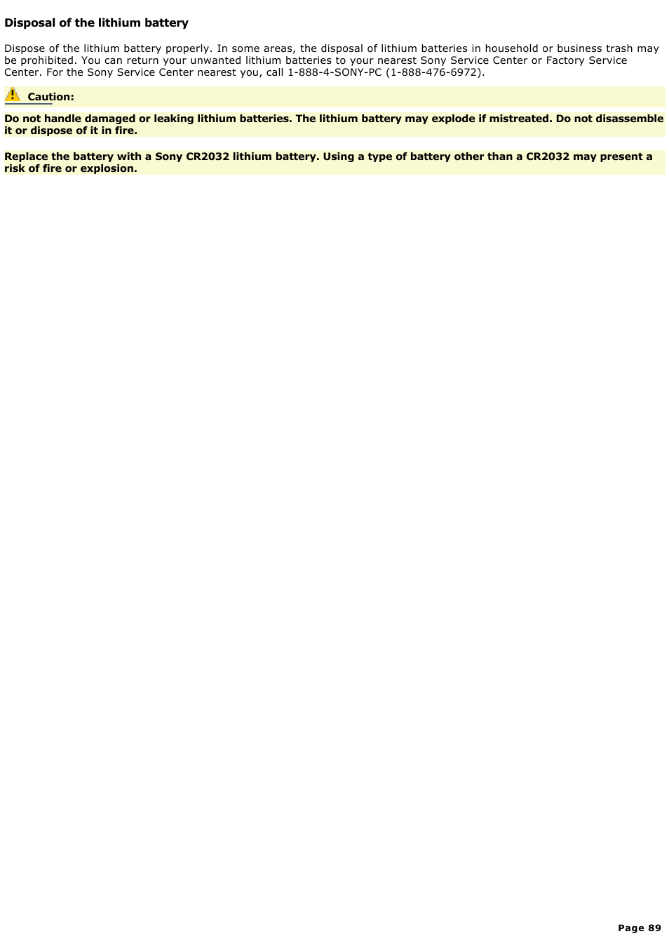 Disposal of the lithium battery | Sony MX User Manual | Page 89 / 114