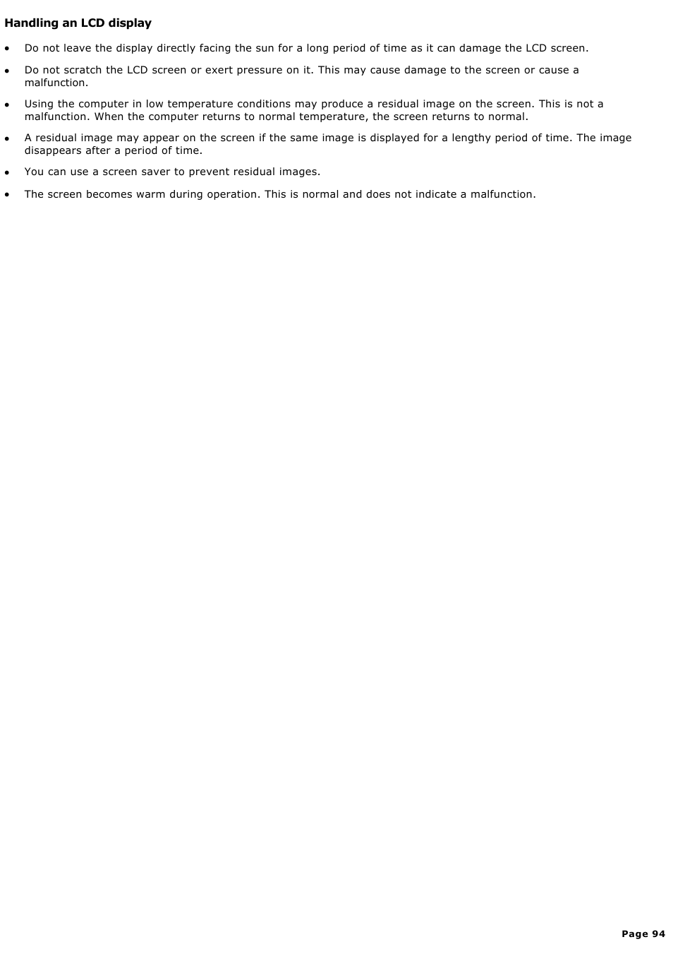 Handling an lcd display | Sony MX User Manual | Page 94 / 114
