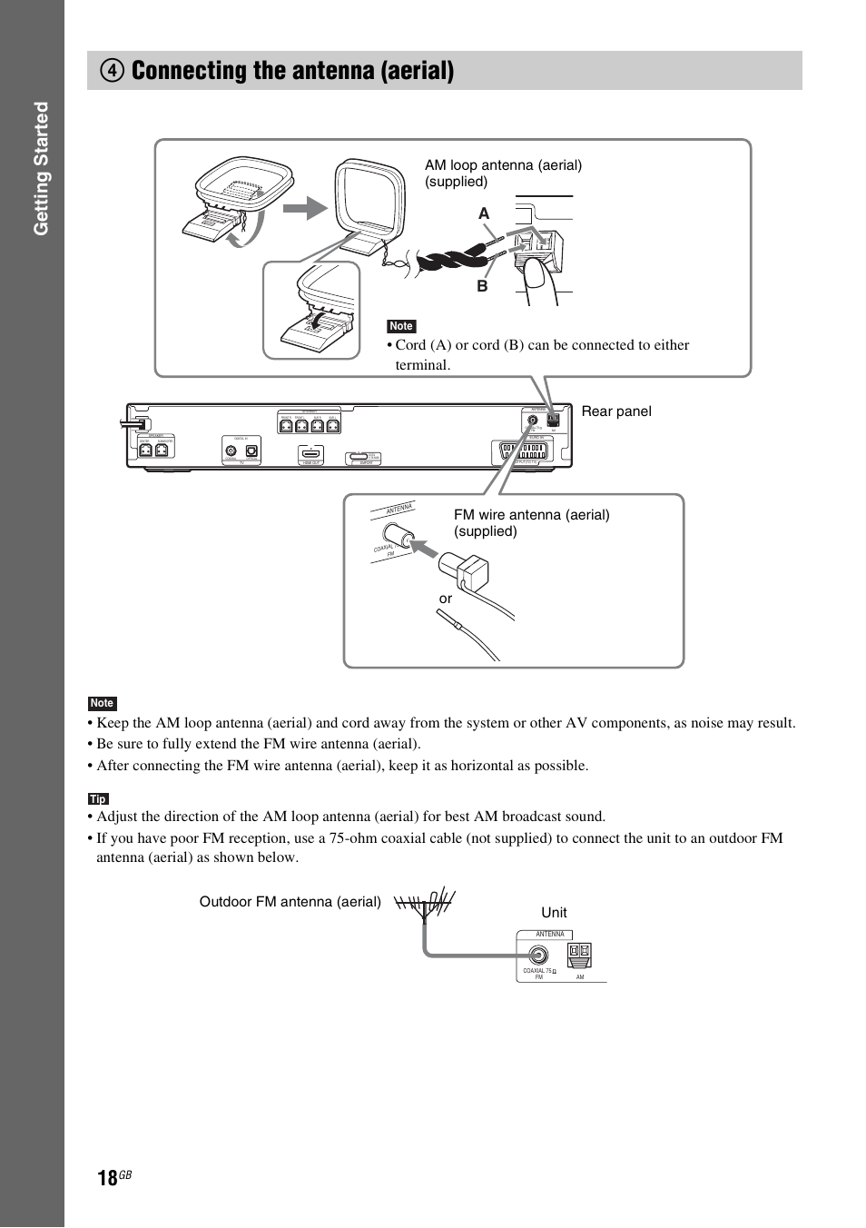 4 connecting the antenna (aerial), 4connecting the antenna (aerial), Gettin g star ted | Outdoor fm antenna (aerial) unit | Sony 3-283-036-11(3) User Manual | Page 18 / 104