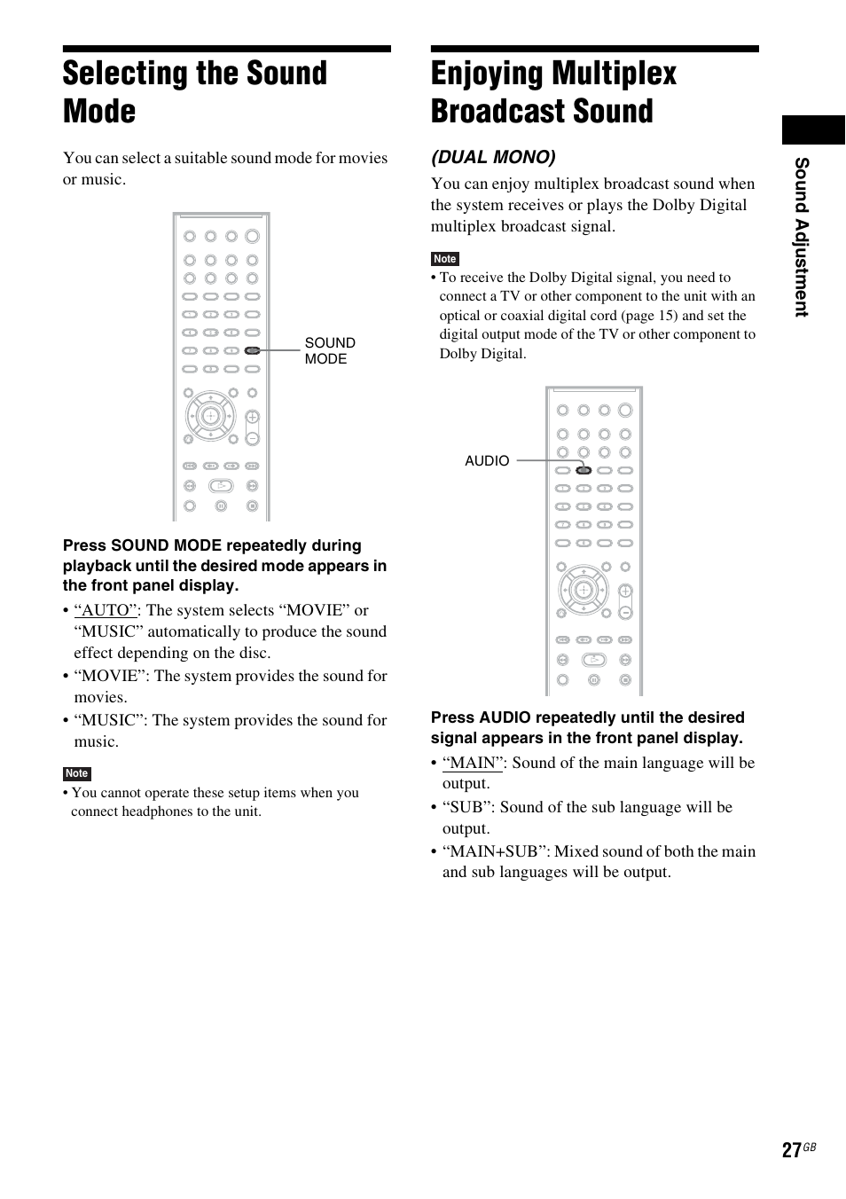 Selecting the sound mode, Enjoying multiplex broadcast sound, Sound | Sony 3-283-036-11(3) User Manual | Page 27 / 104
