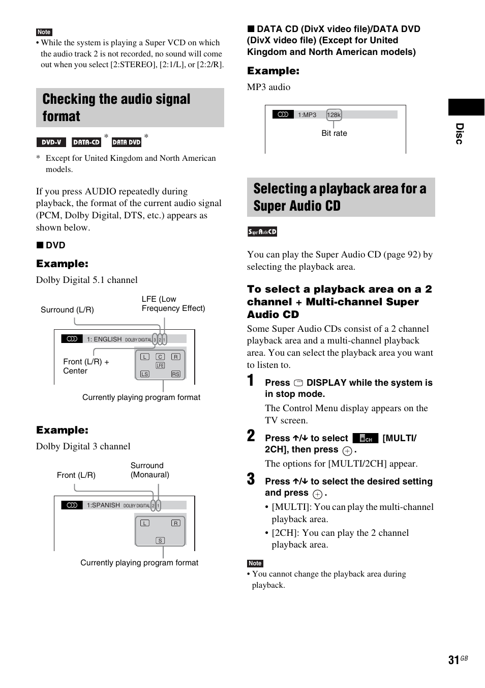 Checking the audio signal format, Selecting a playback area for a super audio cd | Sony 3-283-036-11(3) User Manual | Page 31 / 104